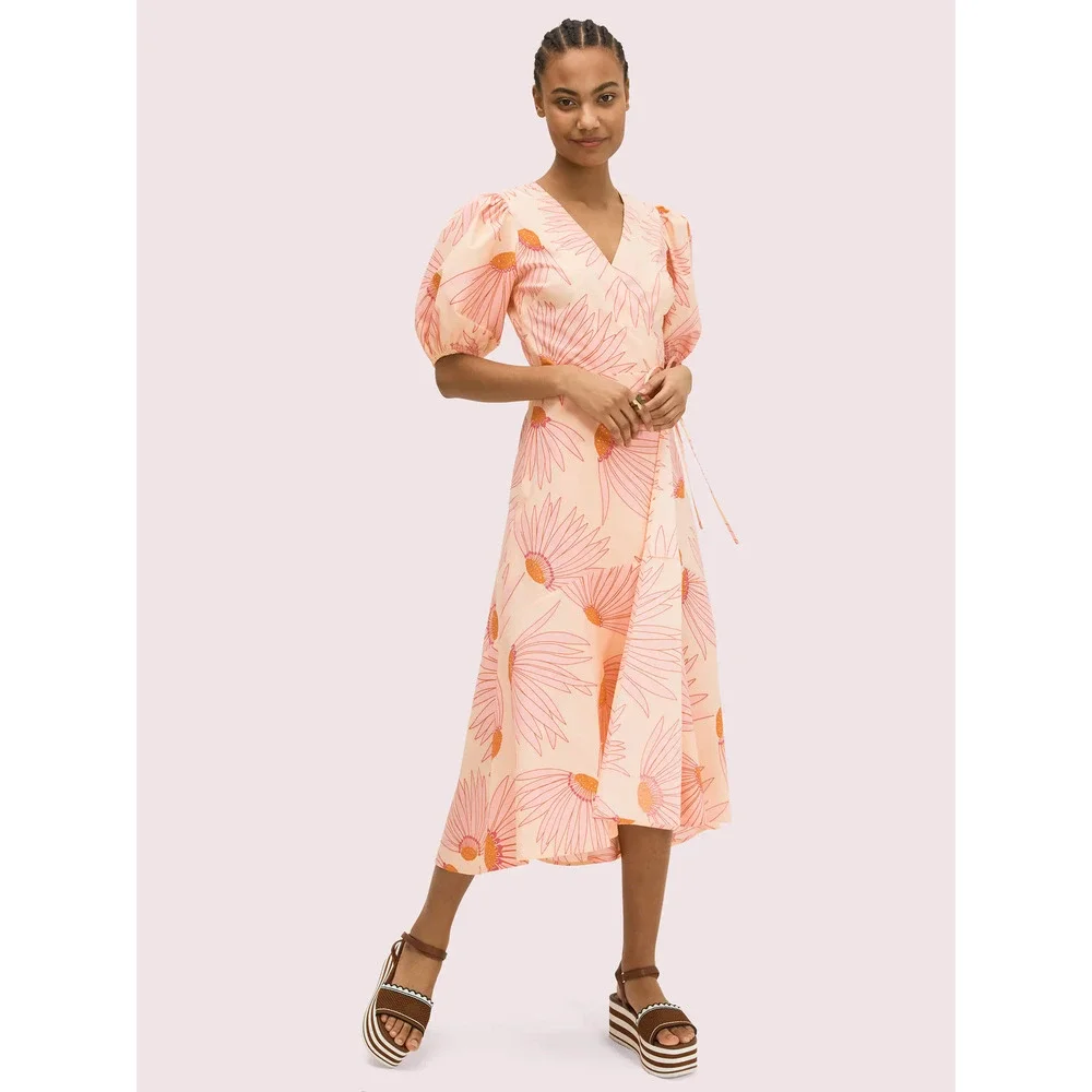 Kate Spade NY Midi Dress 0 XS Pink Falling Flower Wrap Short Sleeve Runway - Picture 2 of 15